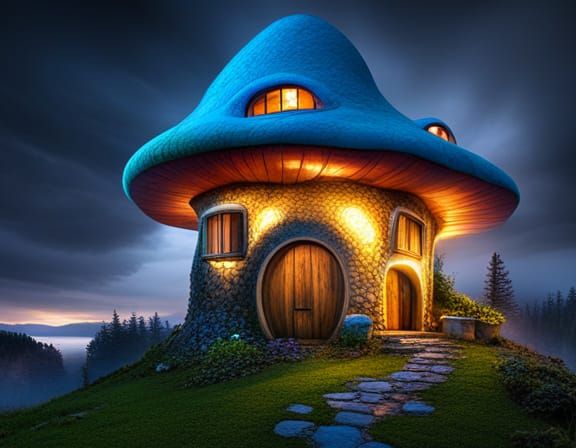 Whimsical Mushroom House with Brain Texture, Cartoon Style