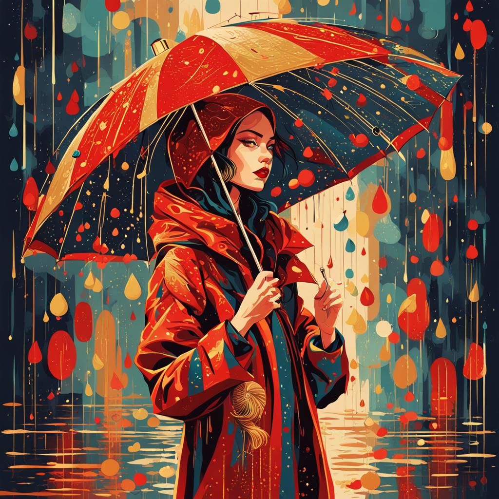 Stylish Girl in Rain with Umbrella: Abstract Illustration