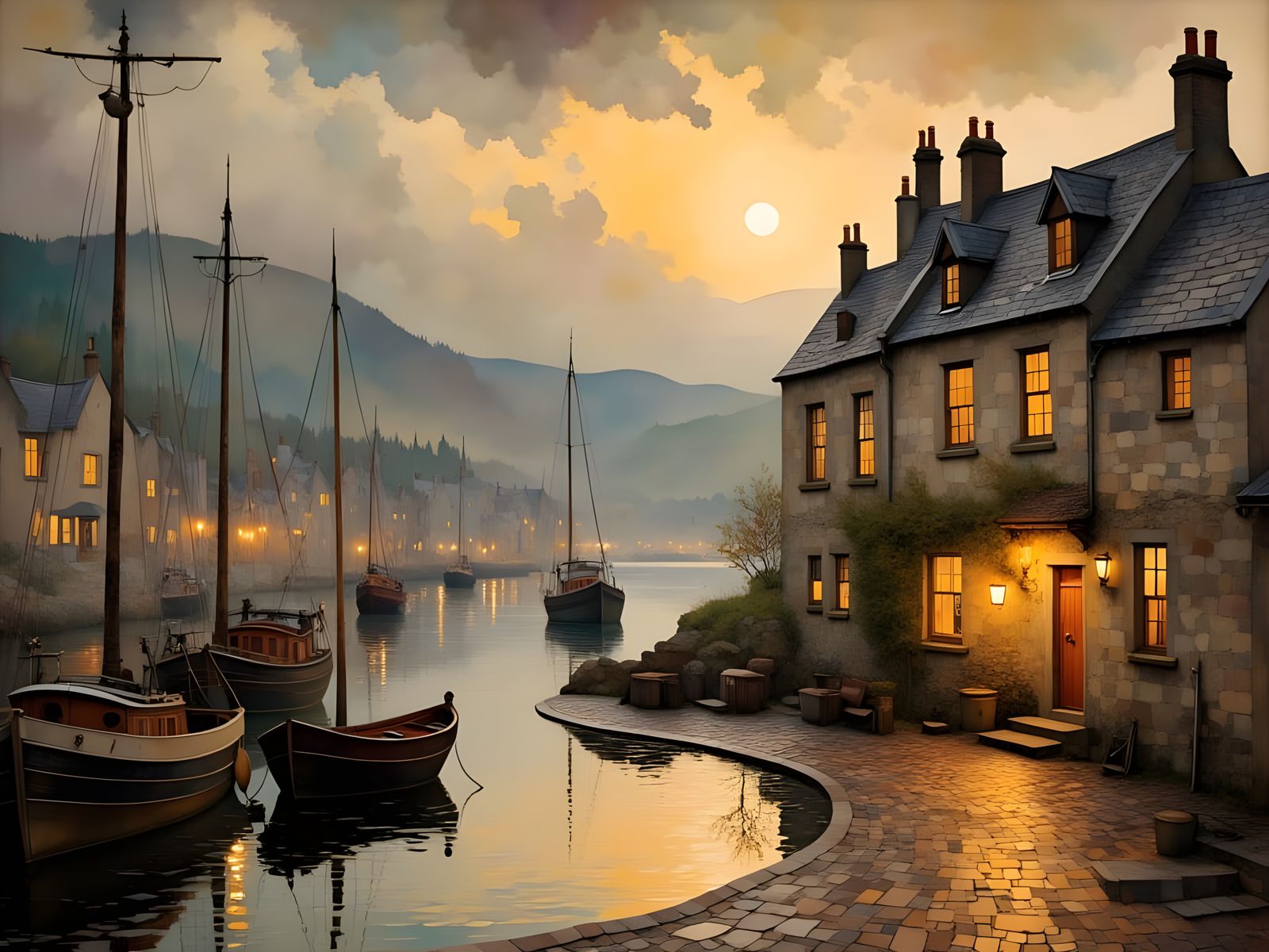 Scottish Village Scene at Dusk with Rainy Evening Atmosphere