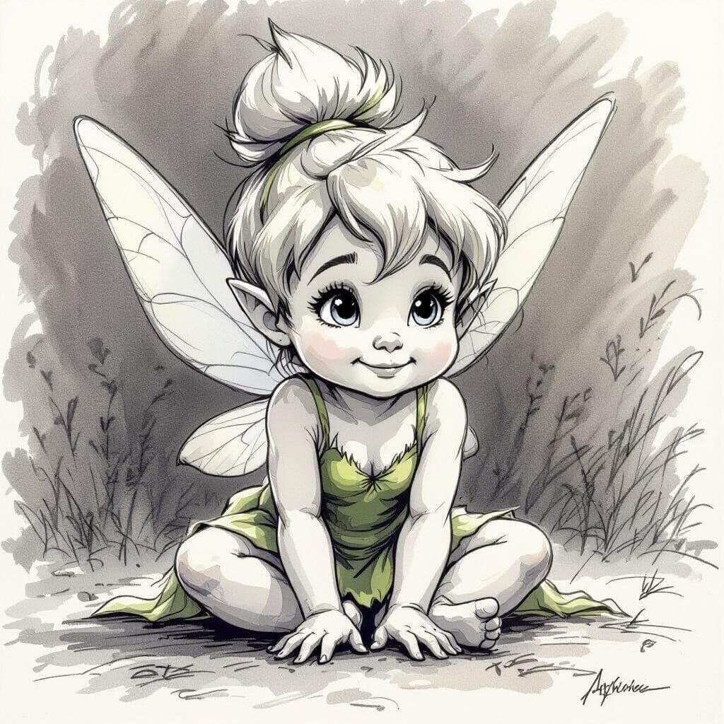 Baby Tinkerbell Ink Sketch Drawing
