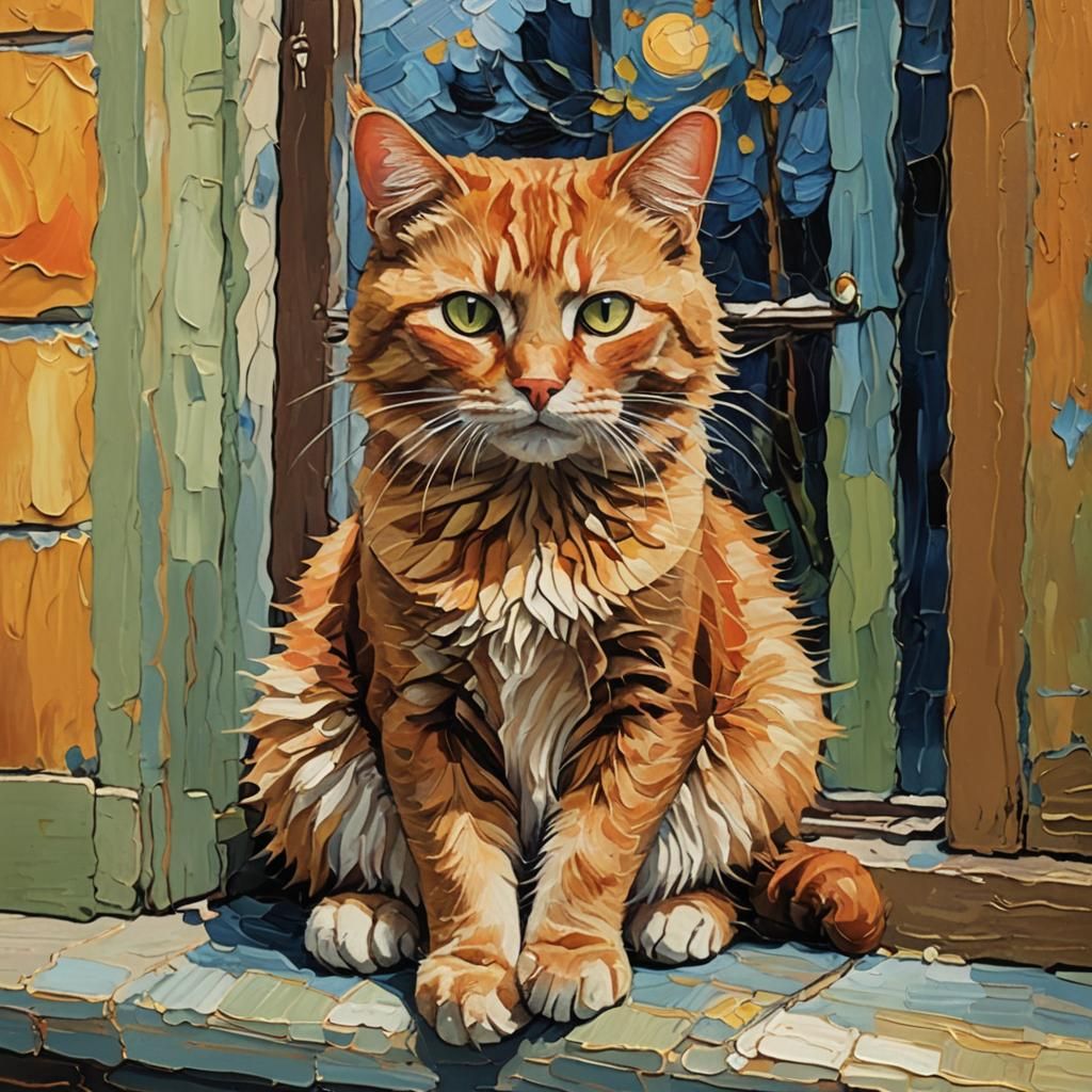 Ginger Cat Impasto Oil Painting on Windowsill