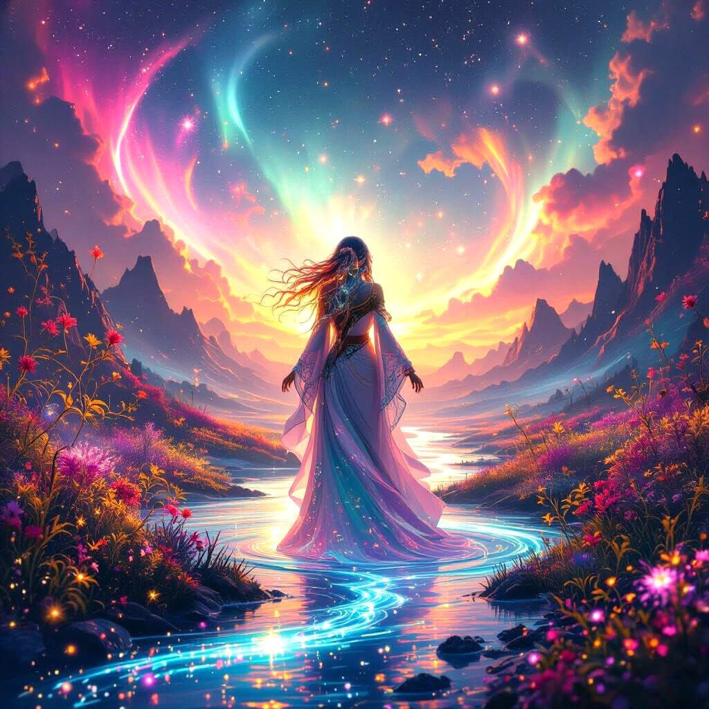 Surreal Dreamscape with Radiant Figure and Auroras