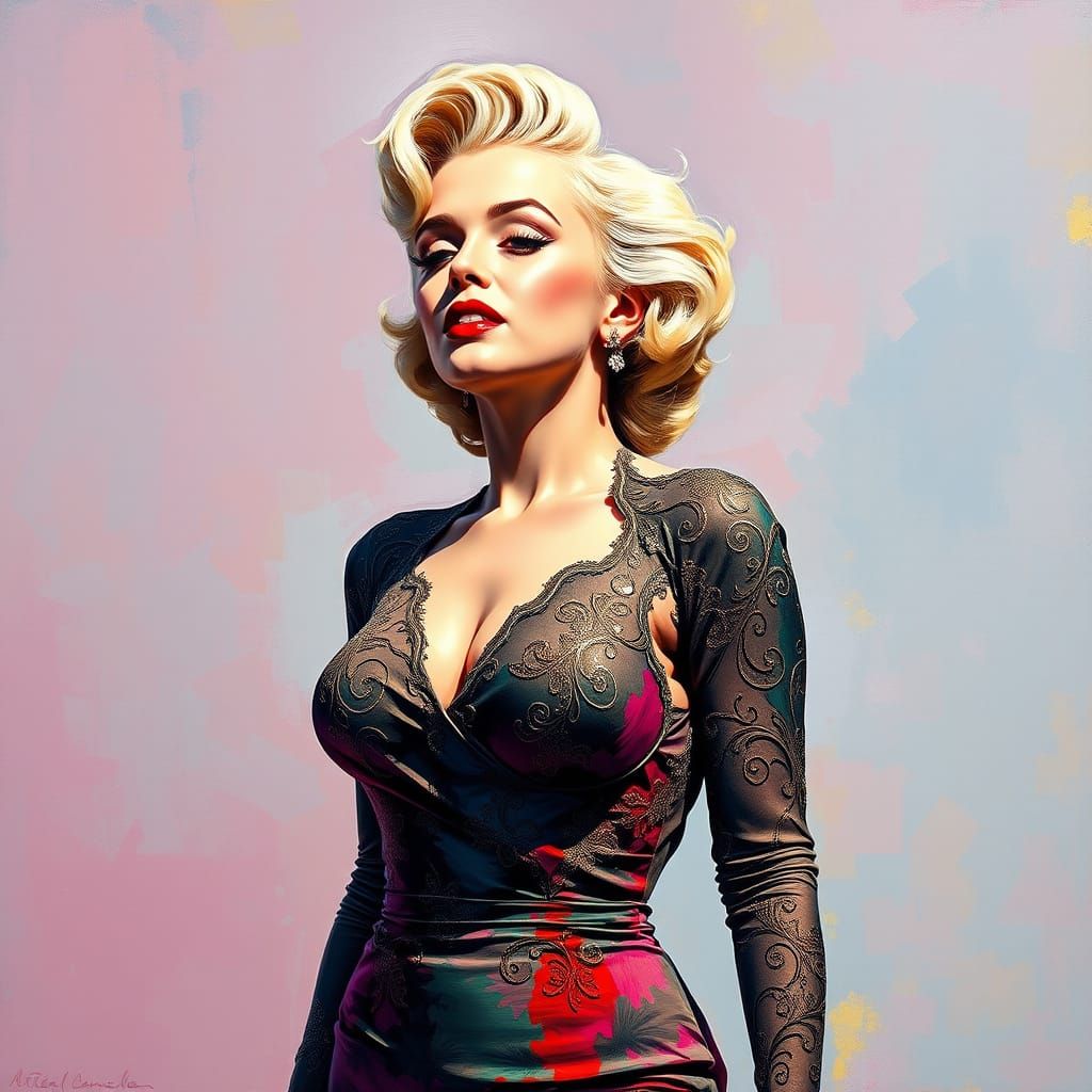 Gouache Portrait of Marilyn Monroe in a Fitted Evening Gown