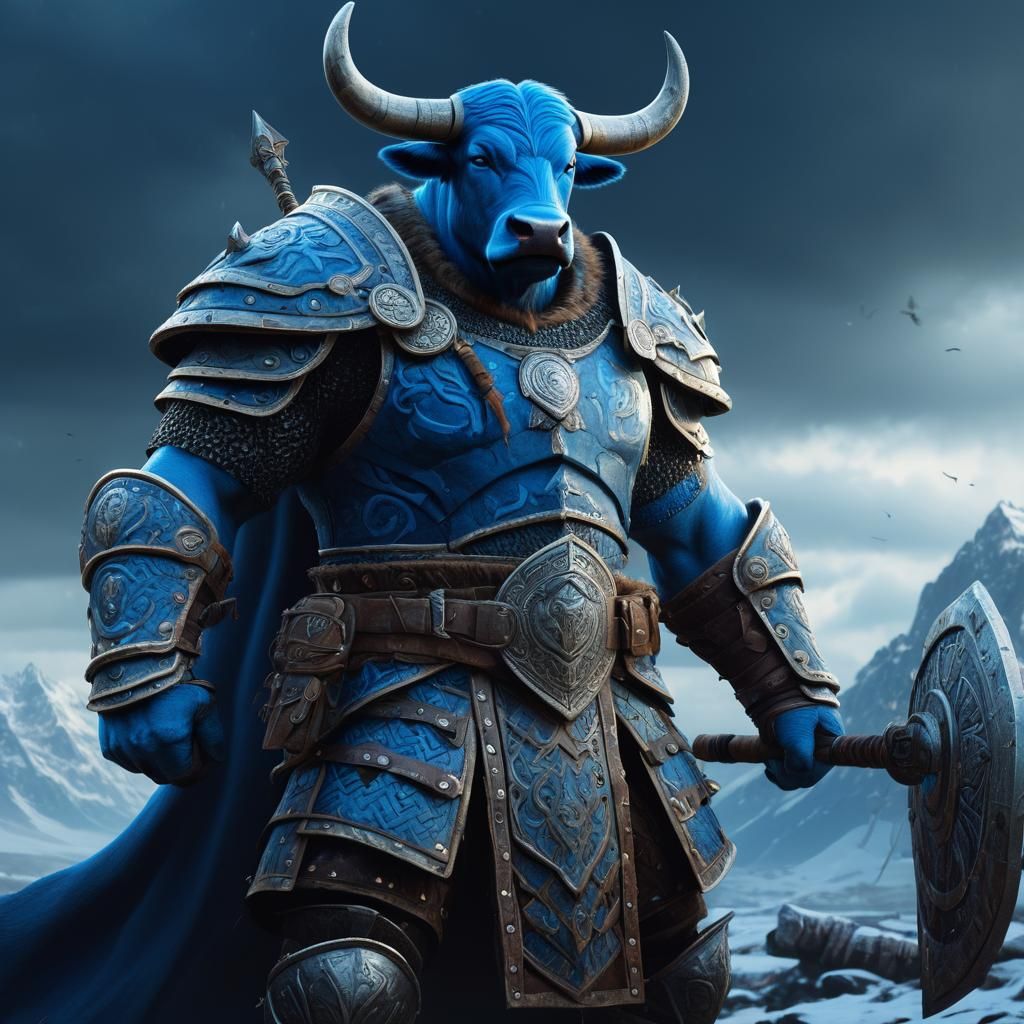 Blue Bull Warrior in Viking Armor: Digital Matte Painting