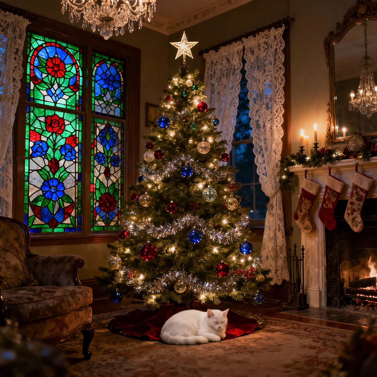 White Cat Asleep Under Christmas Tree in Stained Glass Style
