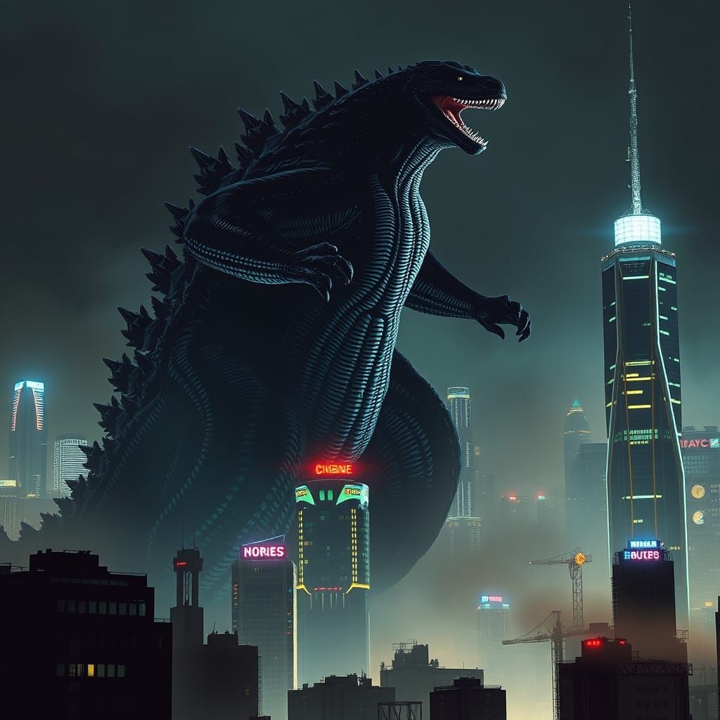 Cyberpunk Godzilla Towers Over Dark City