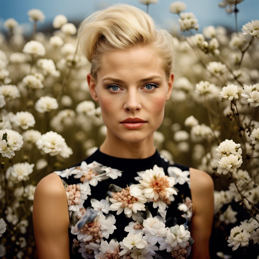 1960s Fashion Portrait on Floral Landscape