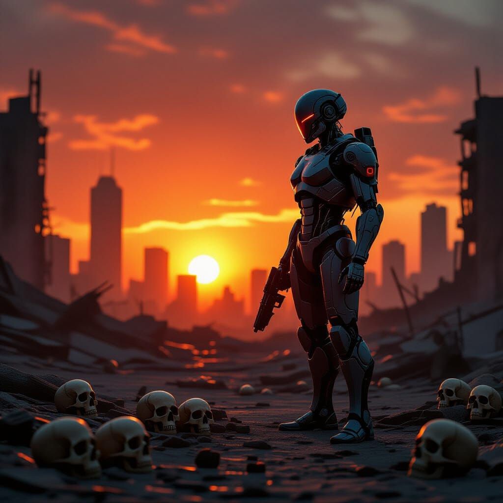 Cyborg Warrior at Fiery Sunset in Post-Apocalyptic Ruins
