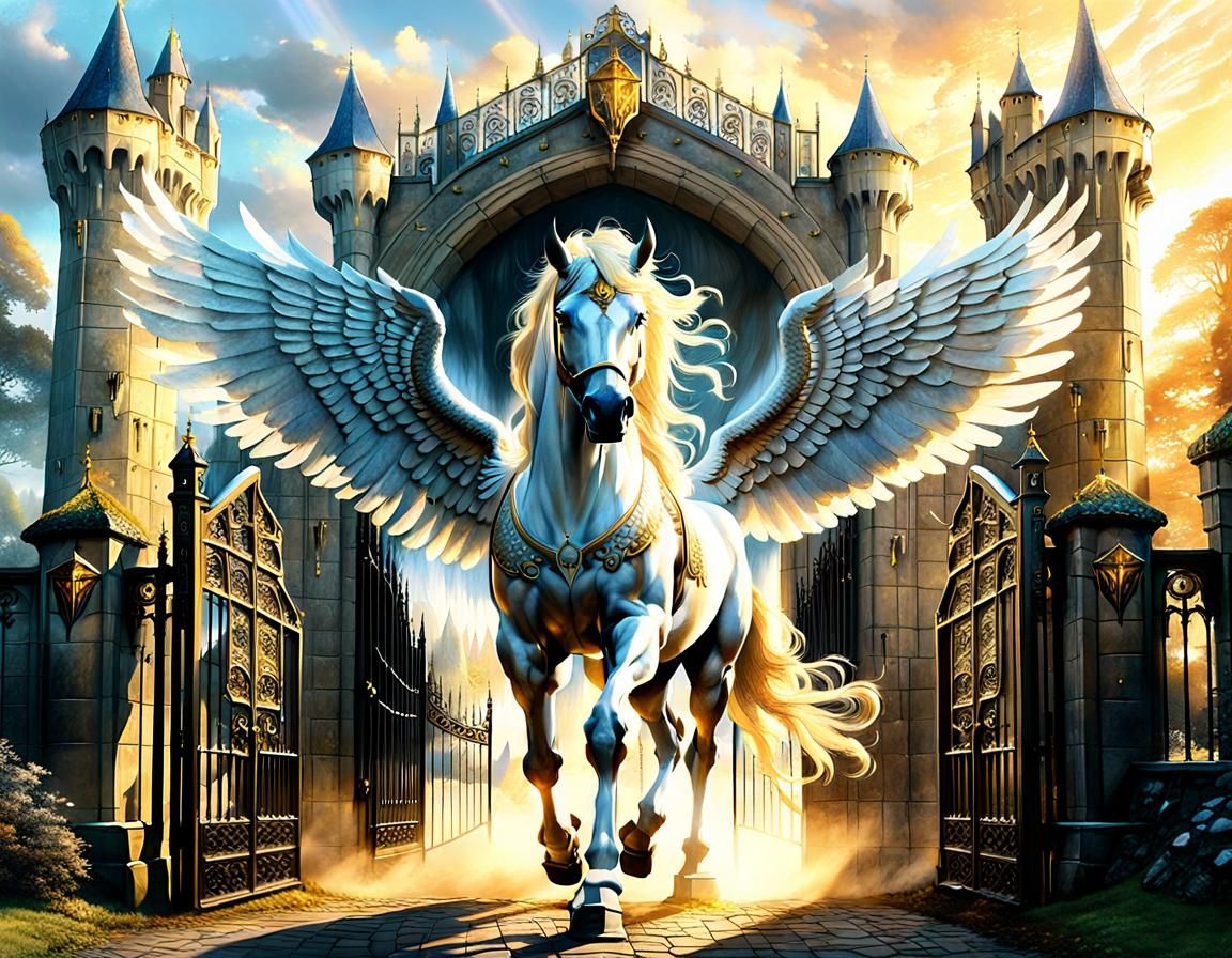Pegasus at Camelot Gates: A Fantasy Illustration