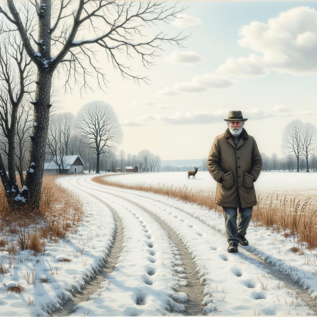 Winter Road Scene with Man and Deer