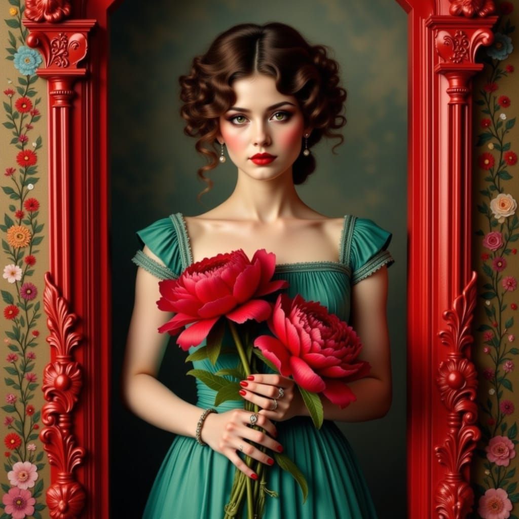 Woman in Red Frame with Peonies, Painterly Portrait