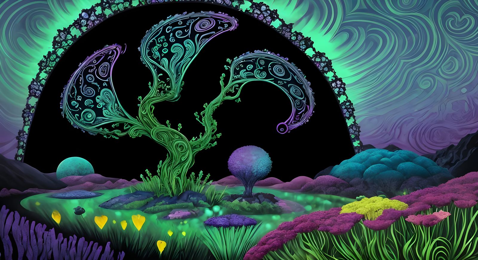 Dark Meadow With Strange Creatures in Kaleidoscope Style