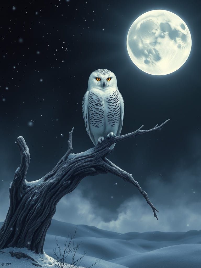Regal Snowy Owl Under Silvery Moonlight