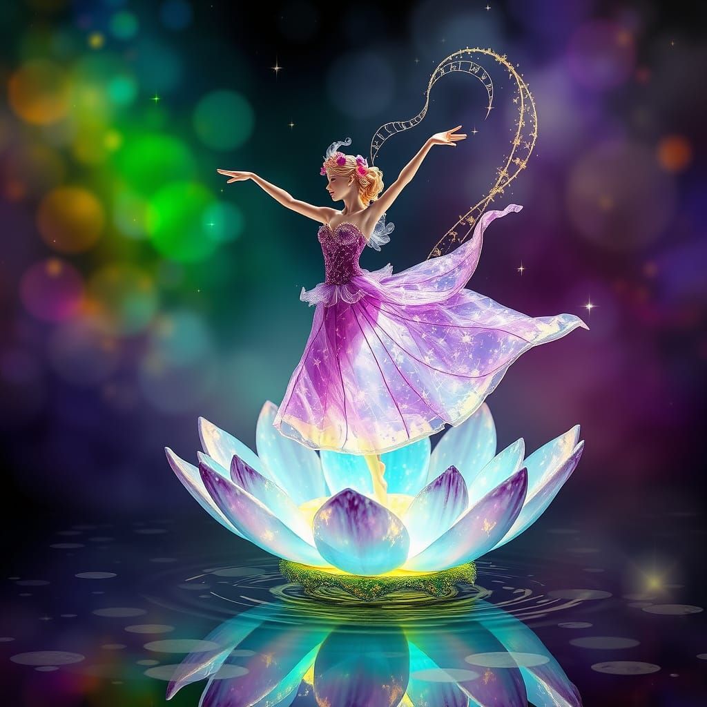 Amethyst Ballerina Dancing on Lotus Flower in Art Nouveau