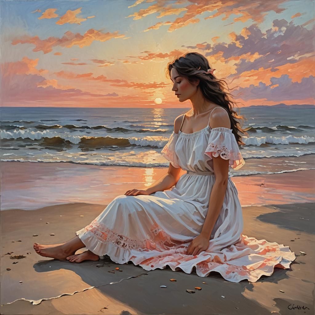 Girl Gazing at Sunset: Impressionist Oil Painting