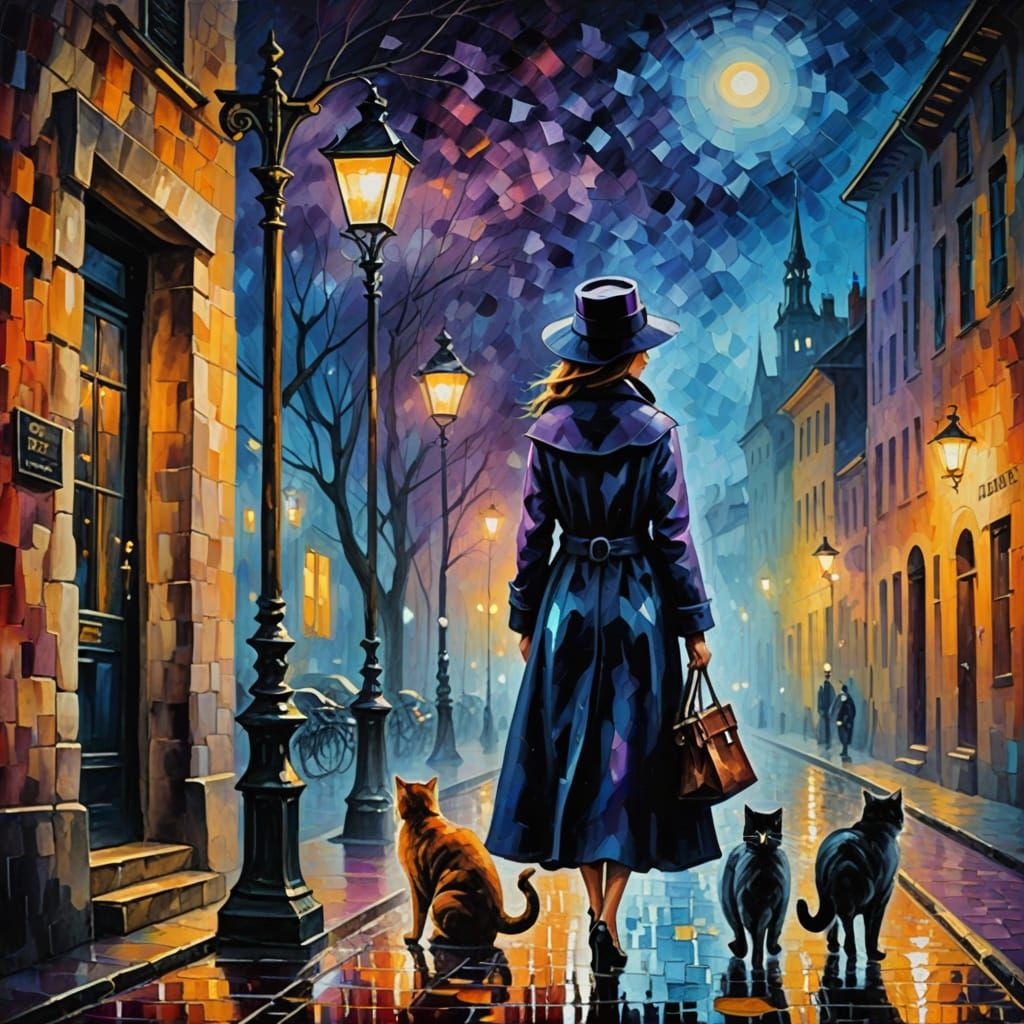 Whimsical Night Scene in Impressionist Oil Painting Style