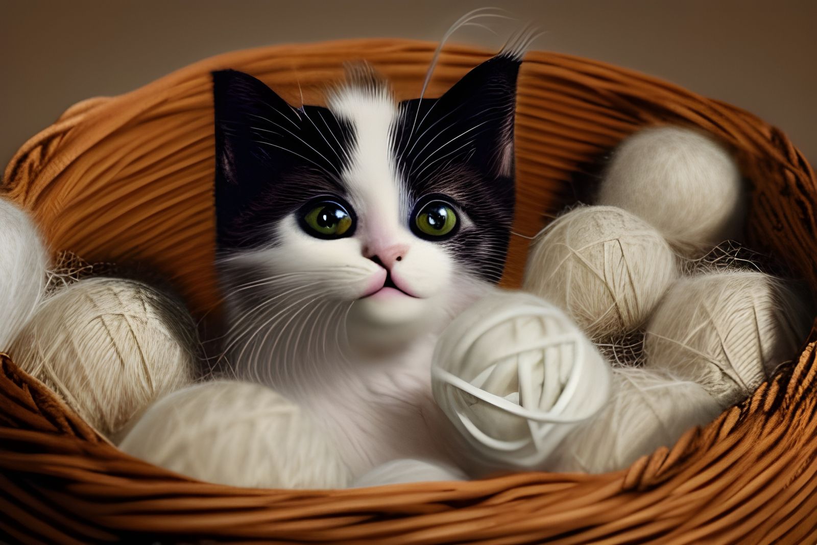 Funny Kitten in Yarn Basket: Realistic 8k Render