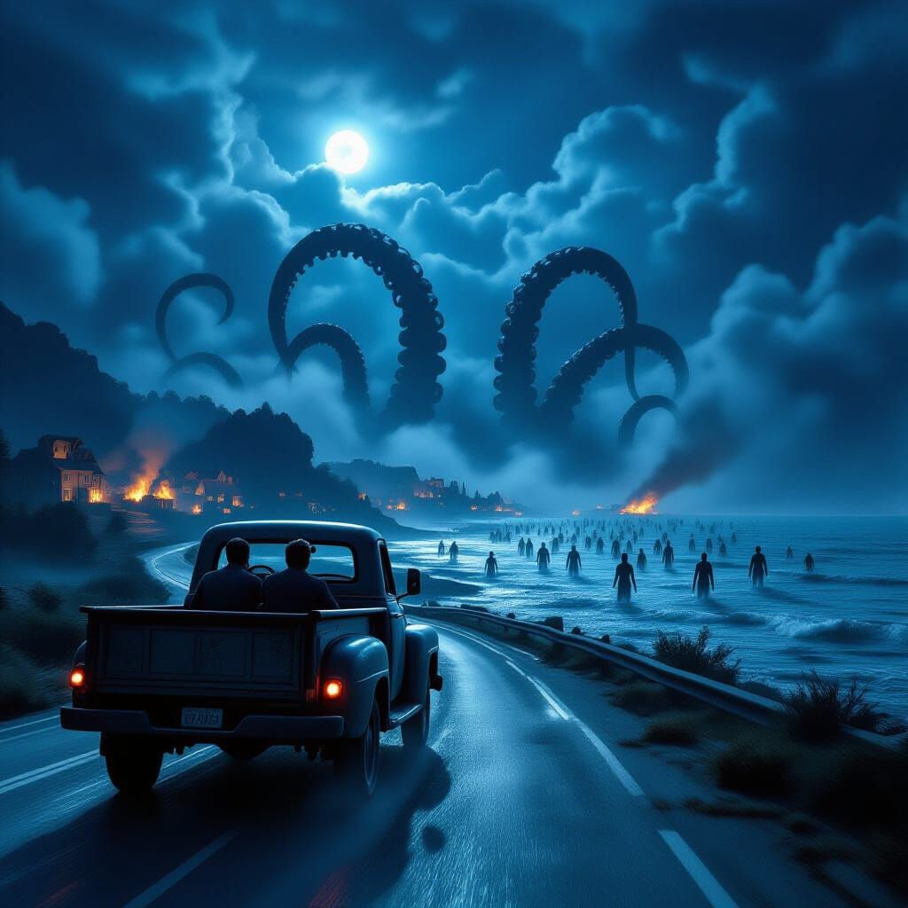 Man Flees Coastal Horror in Dark, Cinematic Night