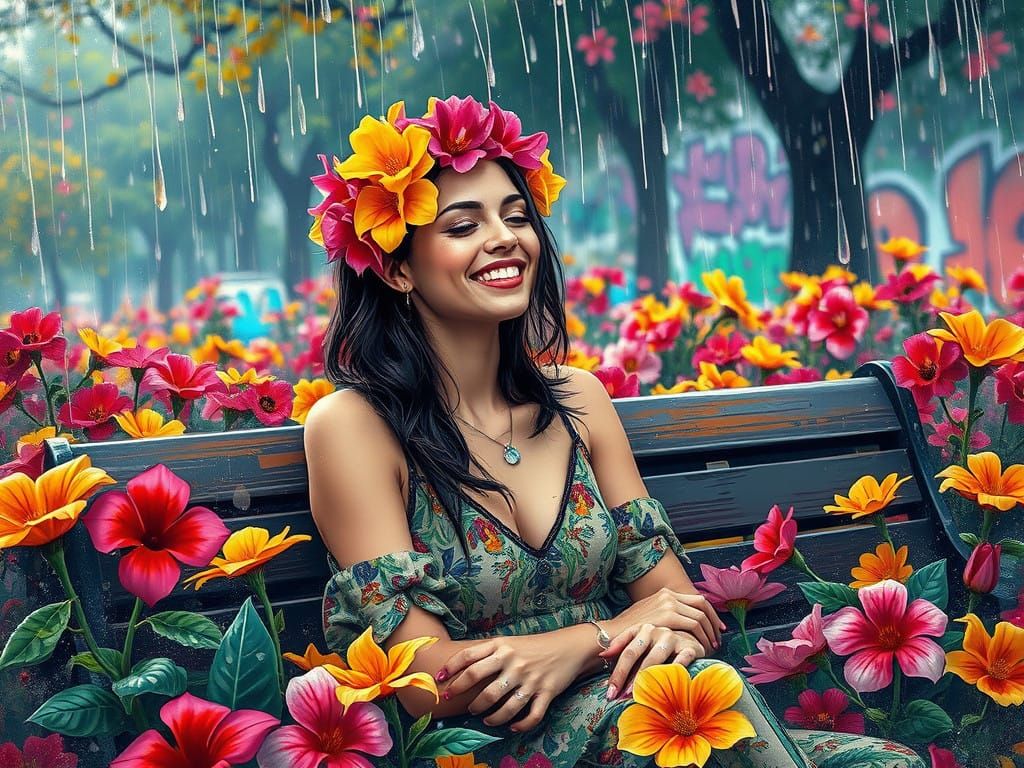 Woman in Vibrant Floral Hair Sits Serenely in the Rain