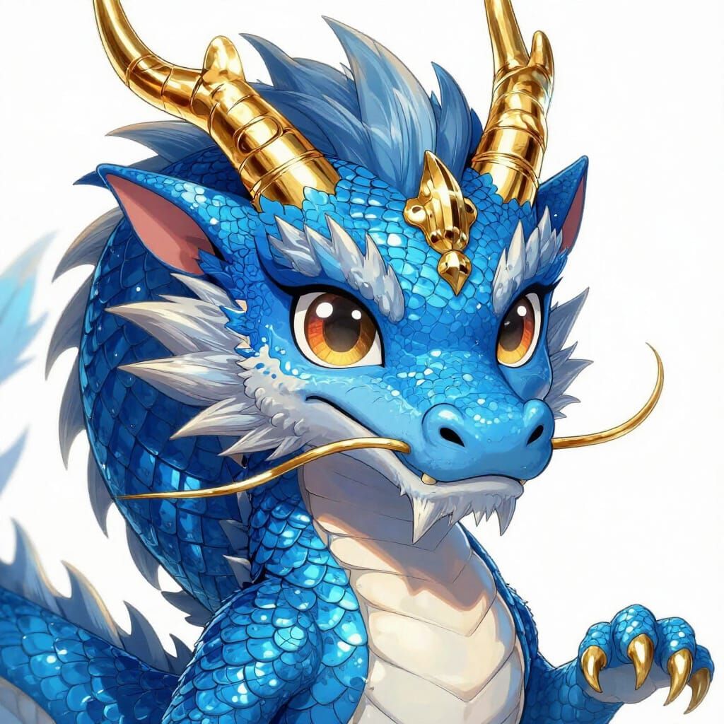 Cute Baby Dragon with Blue Scales and Gold Horns in Anime St...