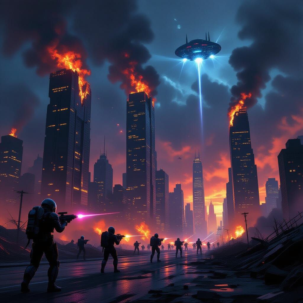 Destroyed Cityscape Under Robot and Alien Attack in Neon Glo...