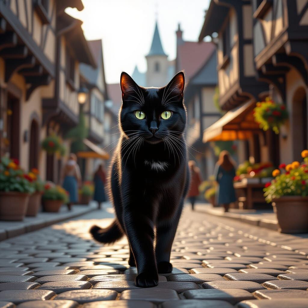 Black Cat in Medieval Village, Painterly Style