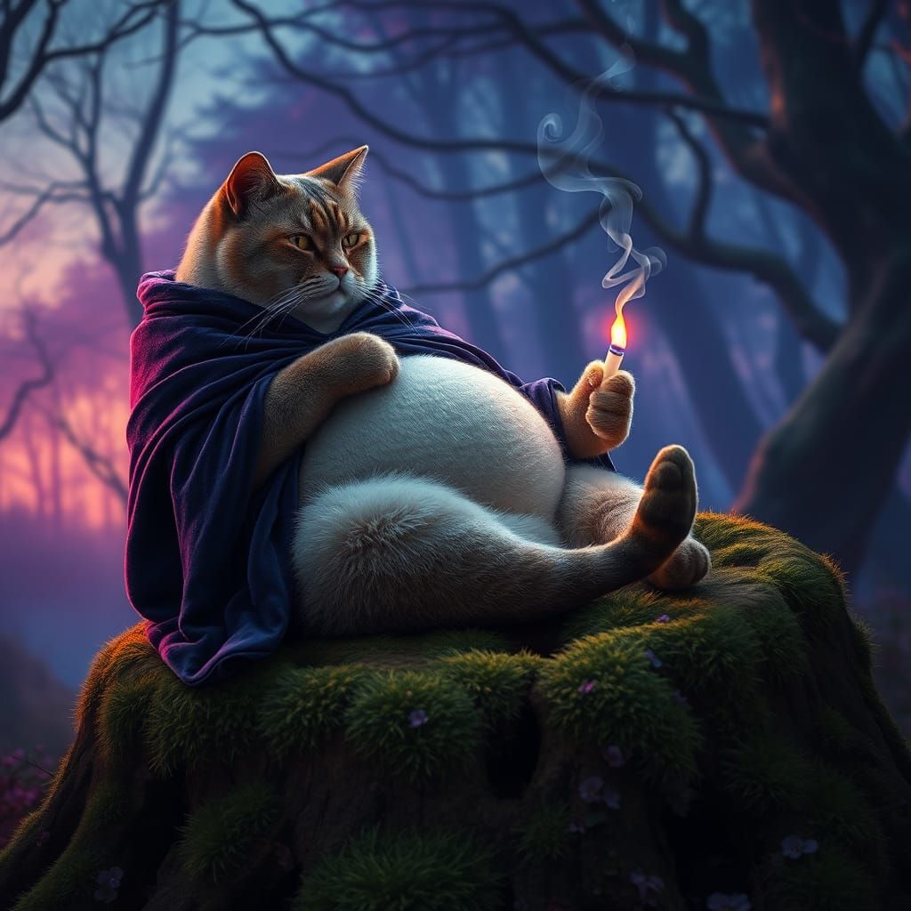 Pregnant Cat Smoking in Enchanted Forest, Fantasy Art