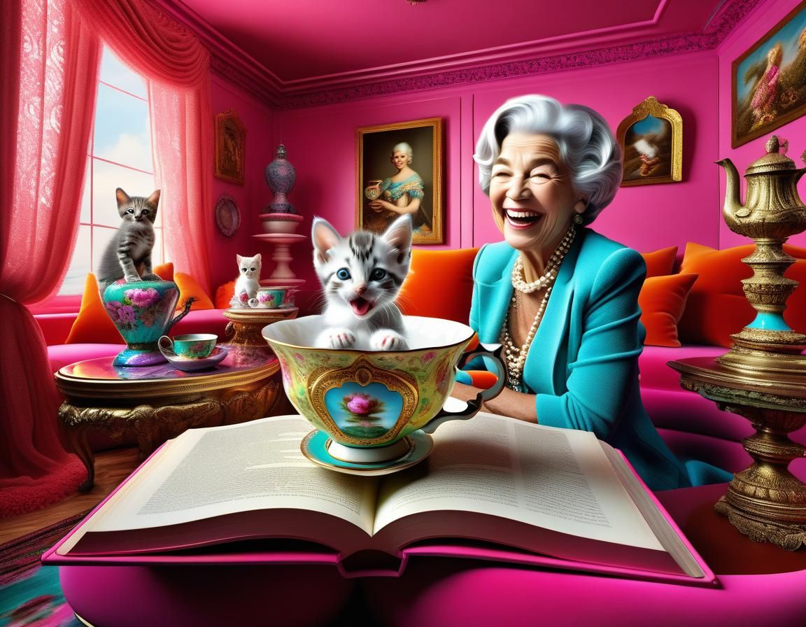 Laughing Old Lady with Kitten in a Teacup on a Book 😬