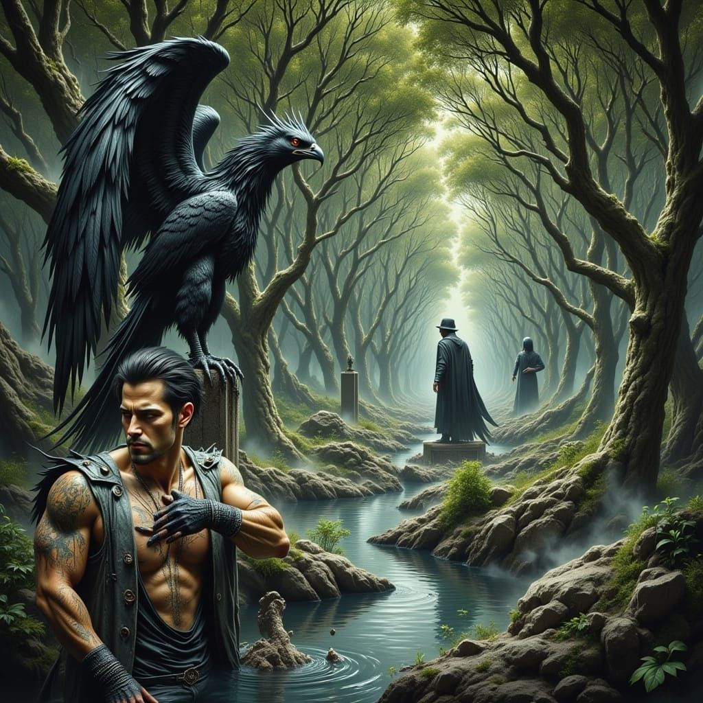Dark Fantasy Griffin and Man in Misty Swamp