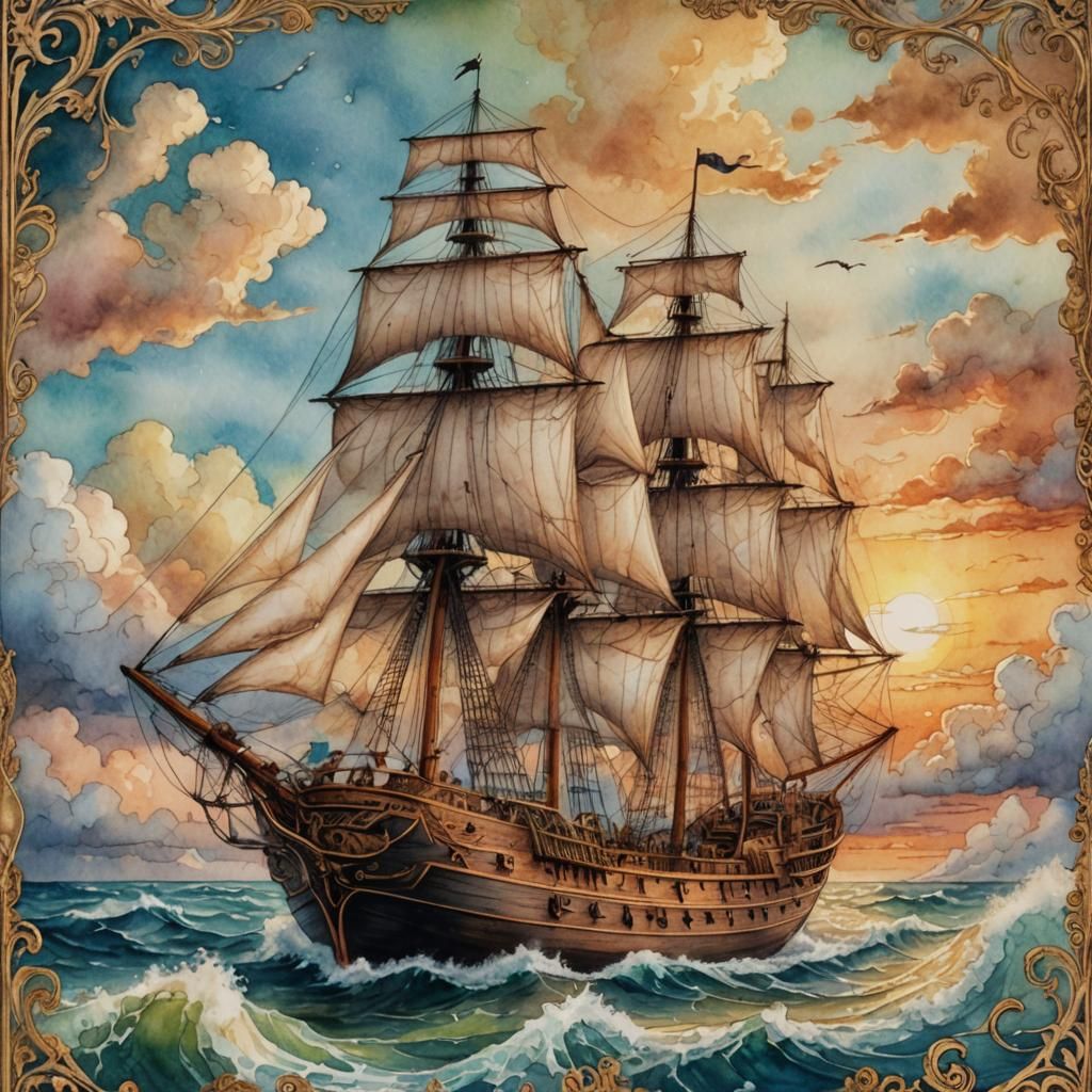 Majestic Schooner in Cloudy Dreamscape, Vintage Watercolor
