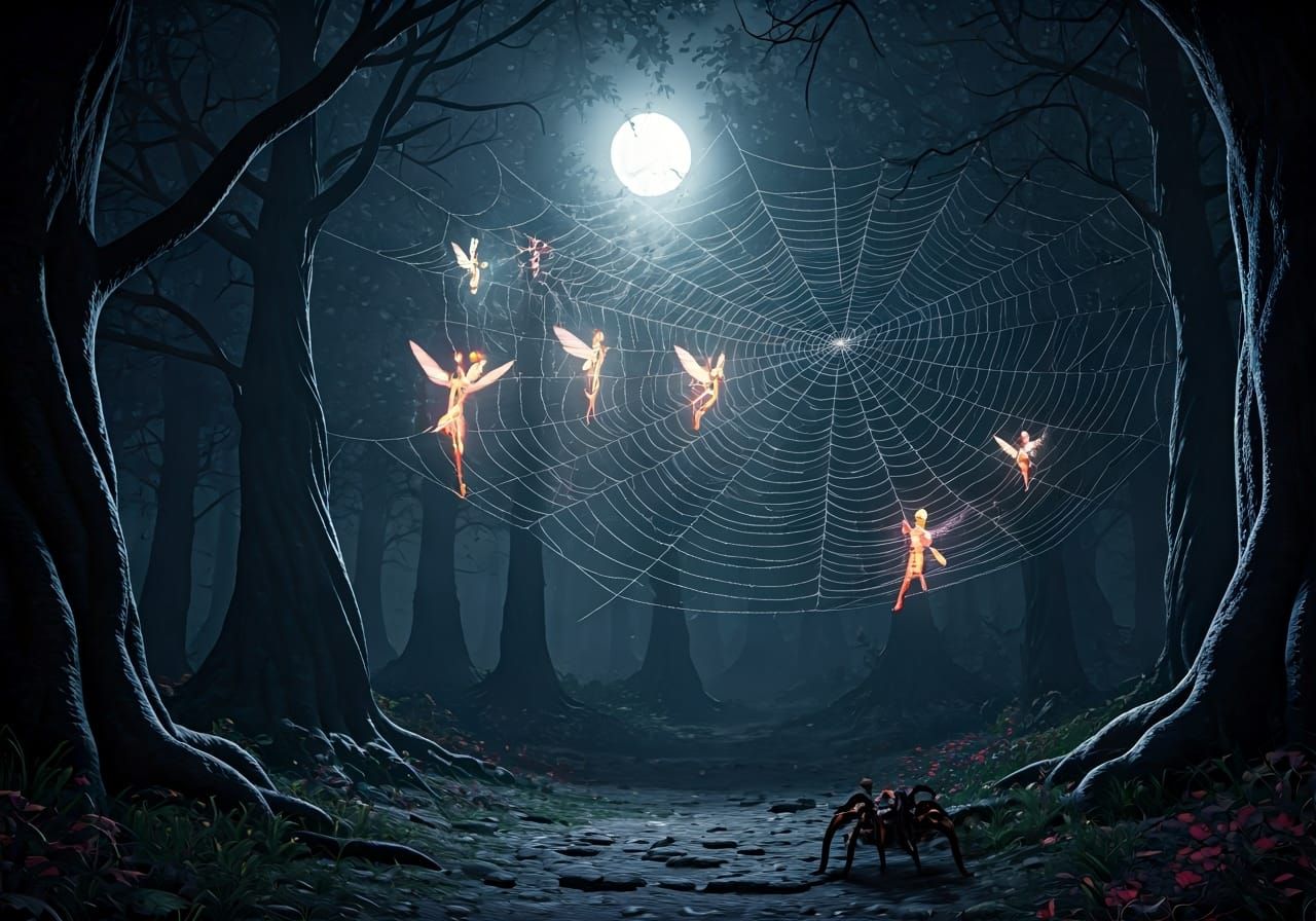 Fairies Entangled in Spiderweb in Dark Fantasy Forest