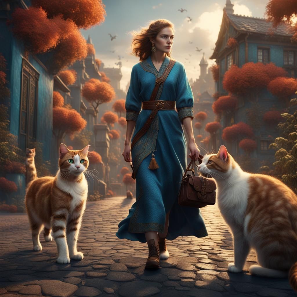 Woman and Cats: Detailed Matte Painting