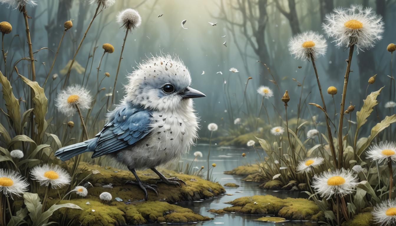 Adorable Silver Bird on Dandelion in Fantasy Style