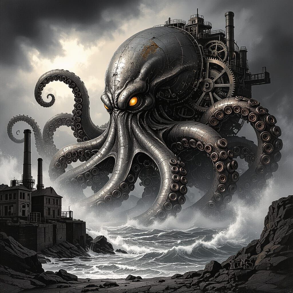 Clockwork Kraken Emerges From Stormy Sea in Detailed Engravi...