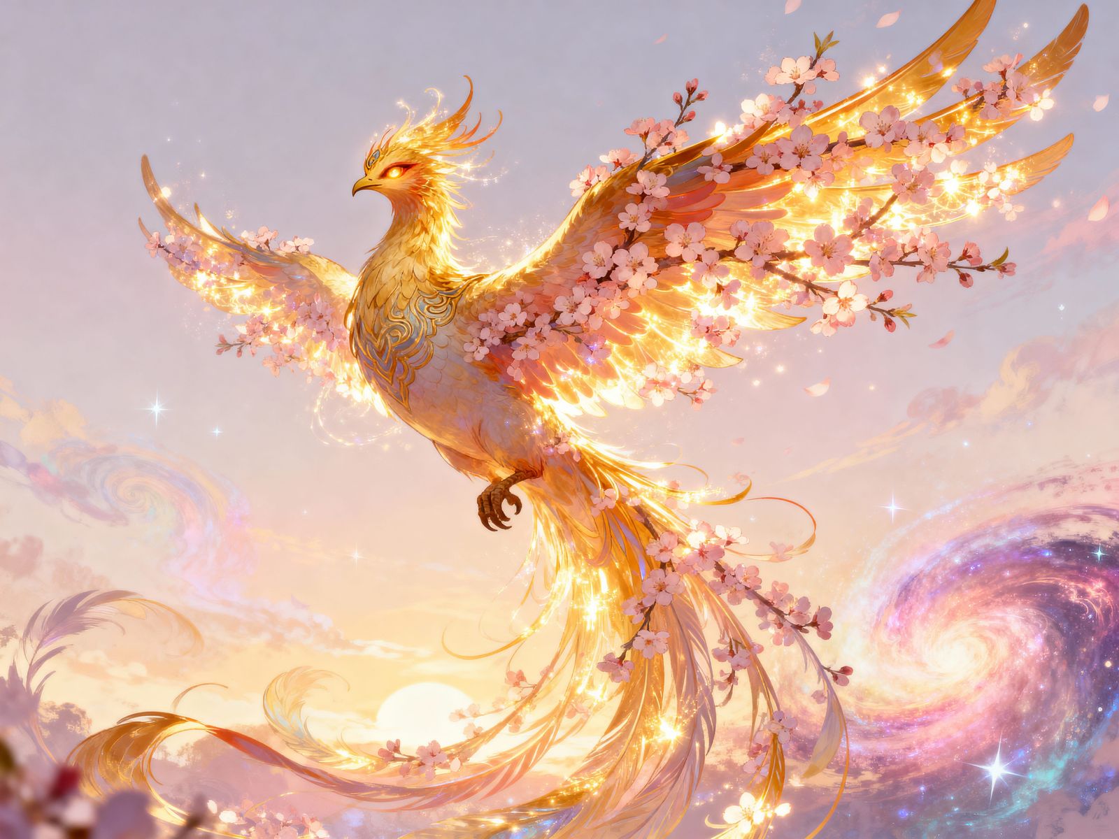 Majestic Phoenix with Cherry Blossom Feathers in Ethereal Sk...