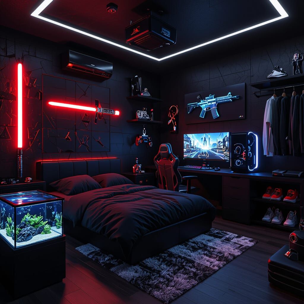 Futuristic Gaming Room with Red Lightsaber Display