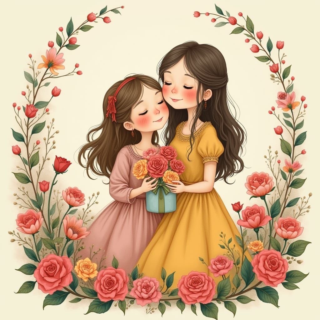 Mother and Daughters in Whimsical Floral Setting