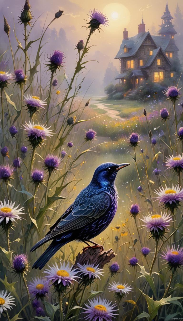 Starling on Thistle in Ethereal Fantasy Style