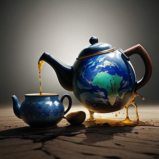 Teapot Pours Tea on Earth: Hyperrealistic Splash Art