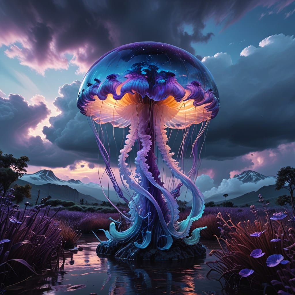 Vibrant Abstract Landscape with Iridescent Jellyfish