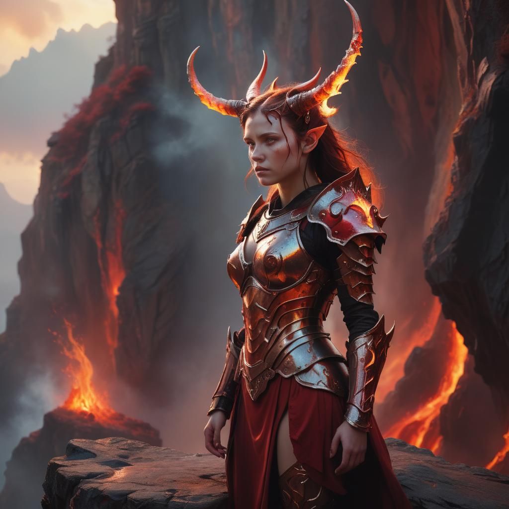 Fiery Armored Woman on Mystical Cliff: Digital Art