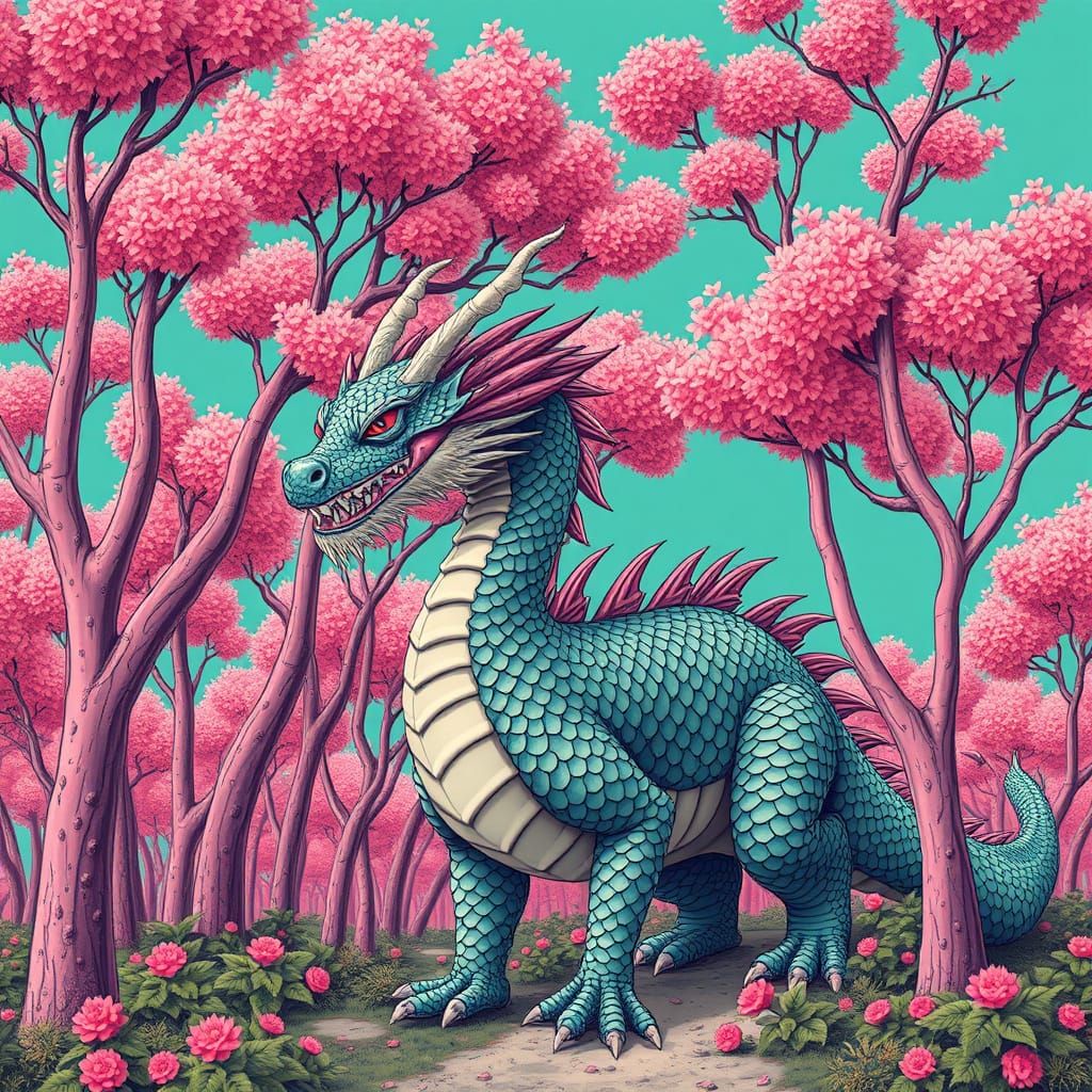 Dragon Amidst Pink Trees in Whimsical Style