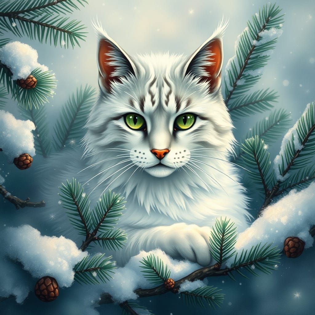 Majestic Snow Cat in Whimsical Winter Wonderland