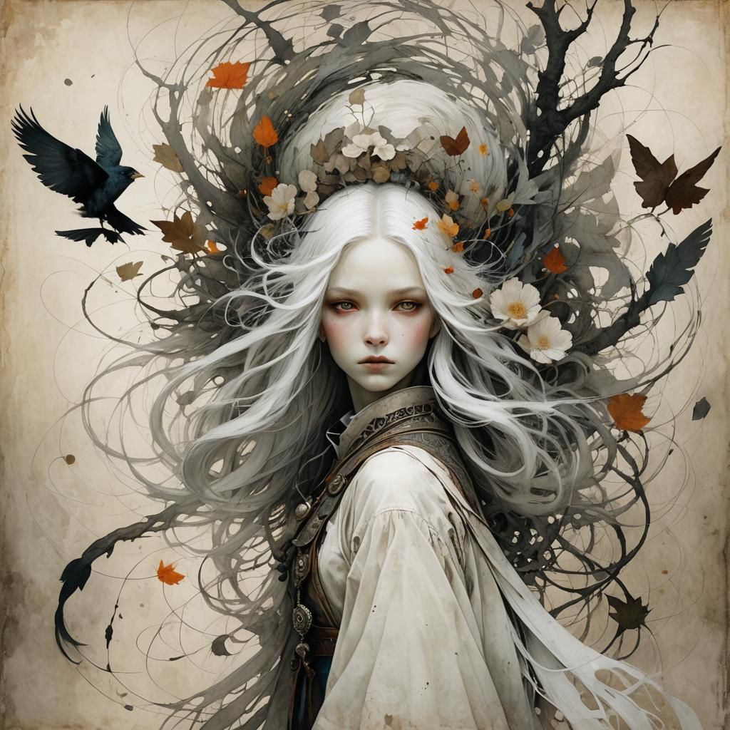 Abstract White Hair Art with Complementary Colors