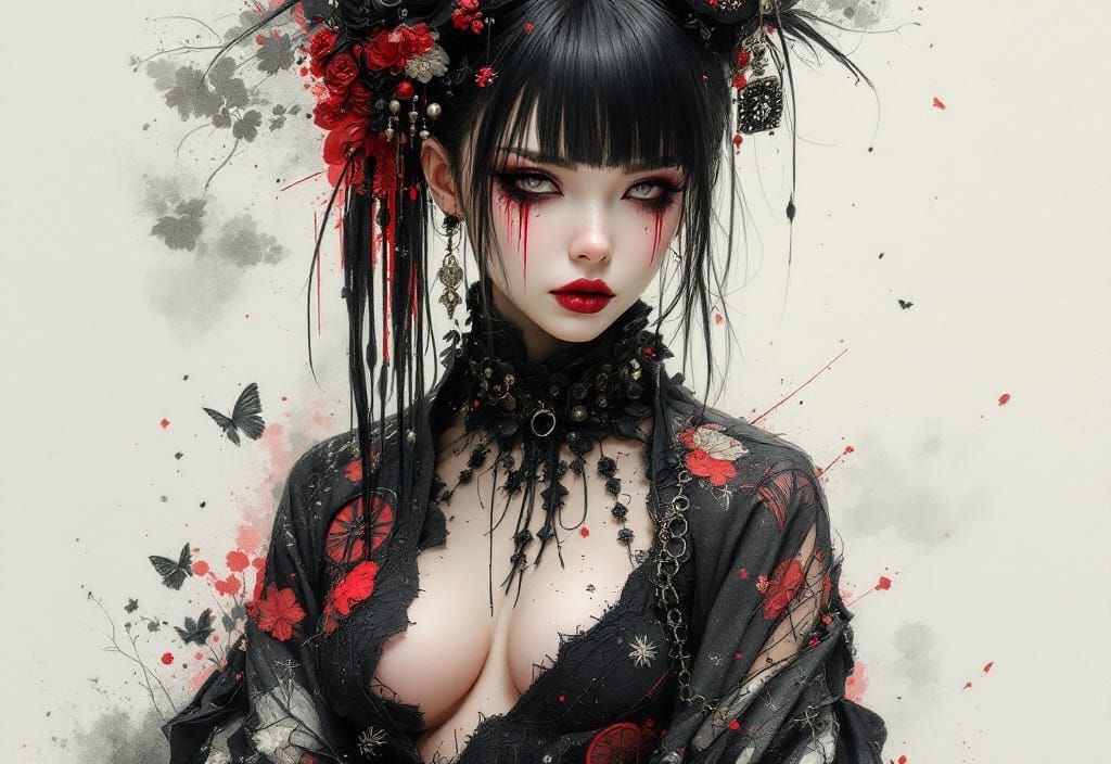 Edgy Goth Punk Kimono: Watercolor and Pen Art