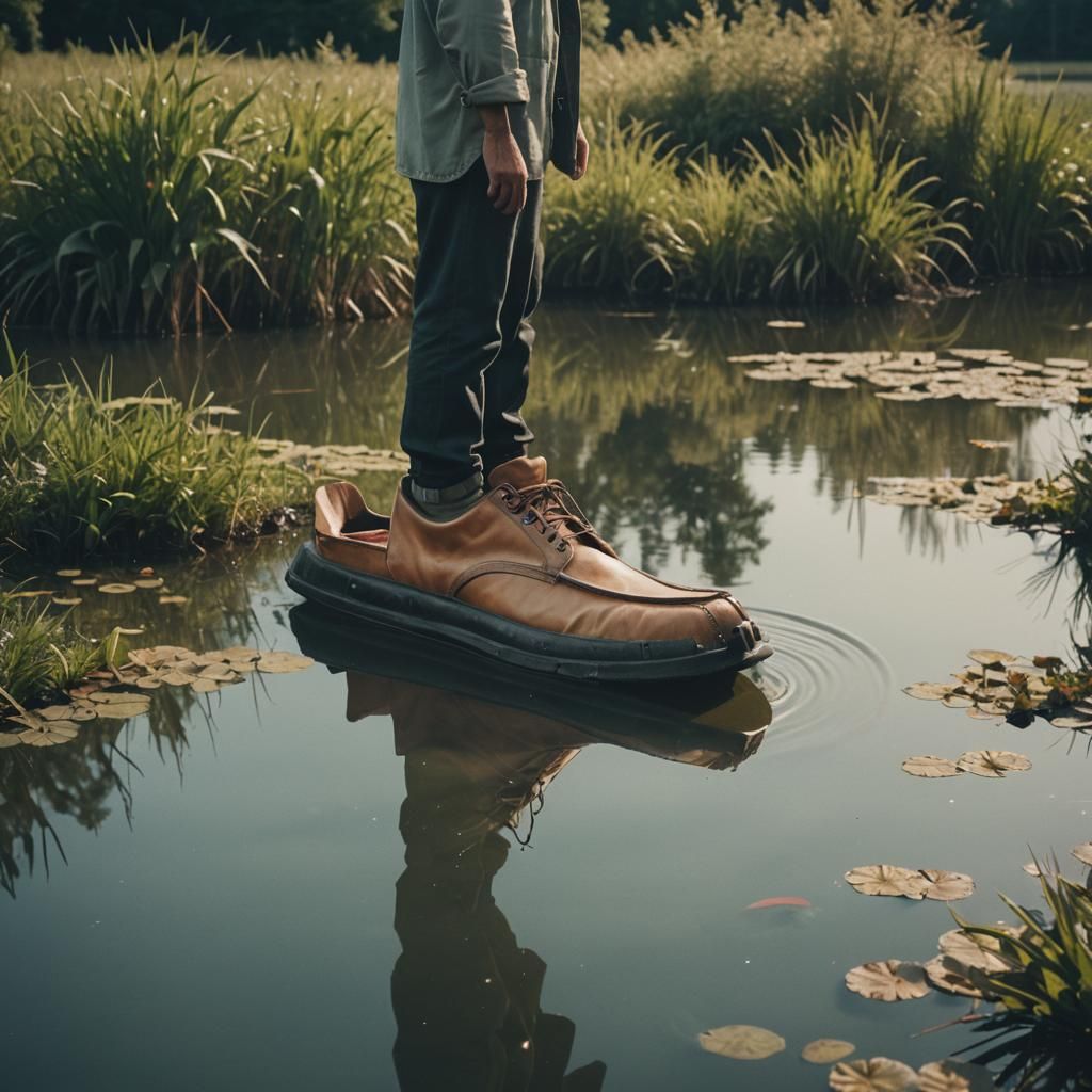 Man on Pond Wearing Shoe Boats: Cinematic Still