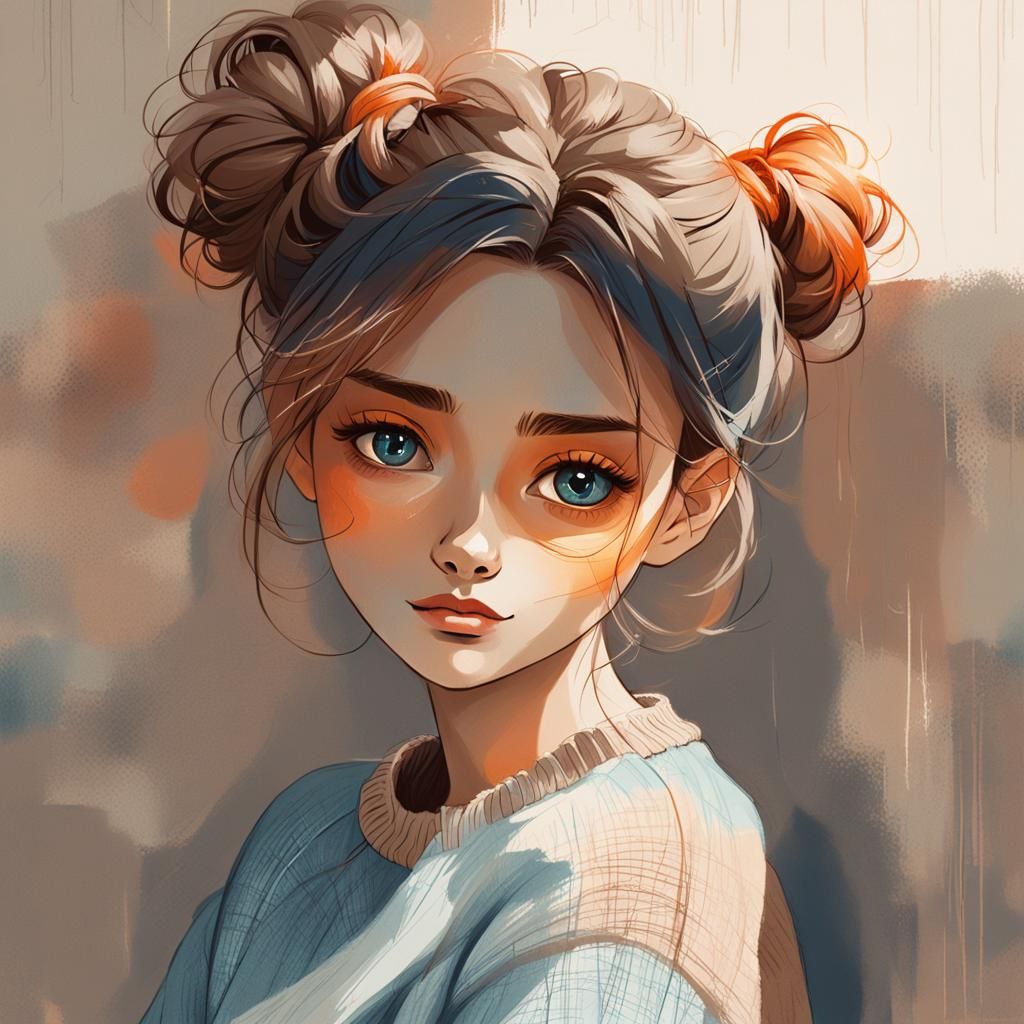 Shy Girl Portrait in Whimsical Illustration Style