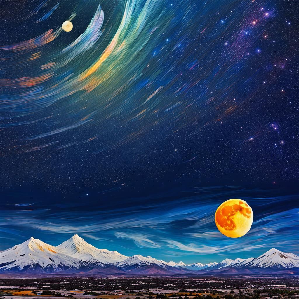 Abstract Colorful Moon Photograph with Brushstrokes