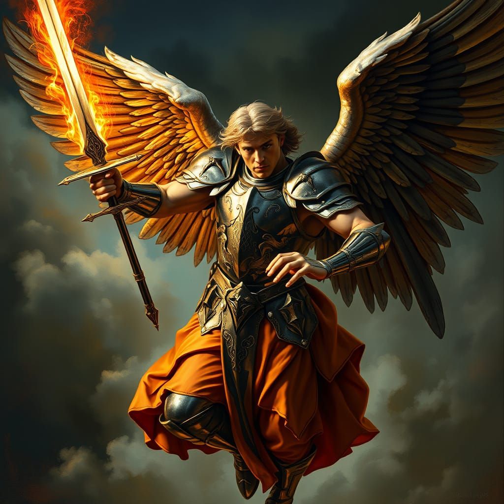 Majestic Angel Descends in Renaissance Armor with Iridescent...