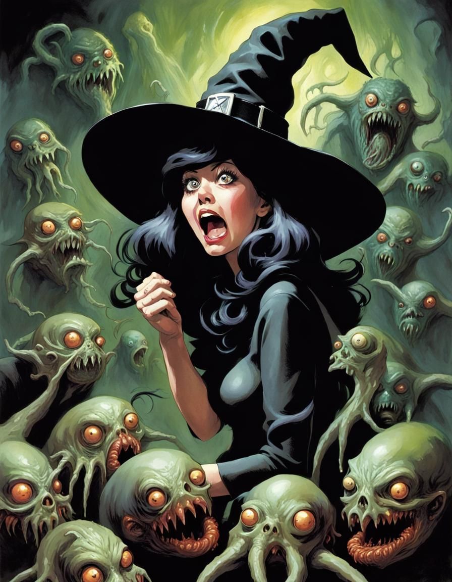 Surprised Witch Surrounded by Lovecraftian Horrors